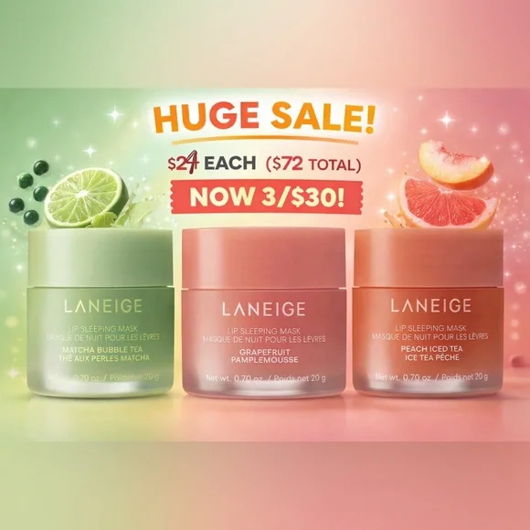 LANEIGE Lip Sleeping Mask Trio -Matcha Bubble Tea, Grapefruit &Peach Iced Tea💋 - Picture 2 of 10